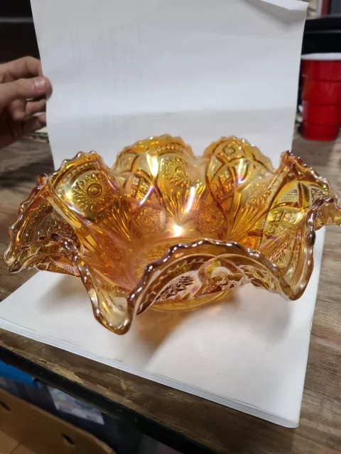 Fenton Ruffled Edge Bowl Art Carnival Glass Marigold ‘Hobstar & Flowers’ Vintage