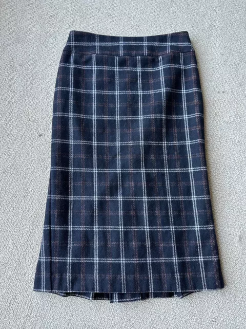 CUE Womens Size 8 Black Check Wool Blend MIDI Pencil skirt Pleated Back