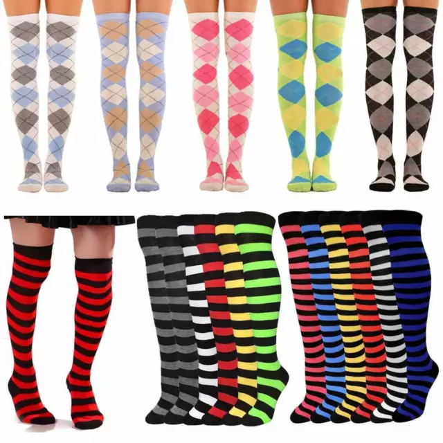 2 Paire Femmes Filles Long Chaussettes Rayé Sur le Genou Cuisse Haut Bas 9-11