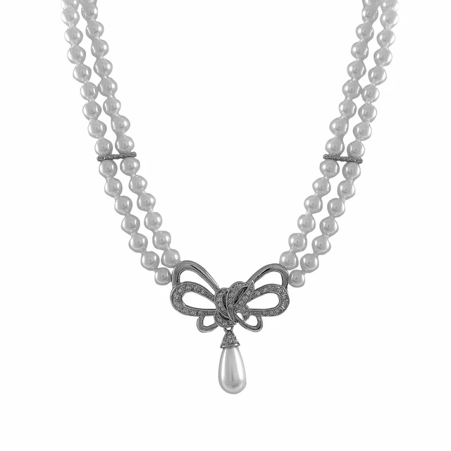 Rhodium Plated Two Row Faux Pearls Crystals Bow Womens Statement Necklace
