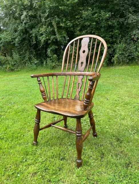 Antique 19th Century Windsor Elm Oak Stick Hoop Back Carved Kitchen Armchair #M