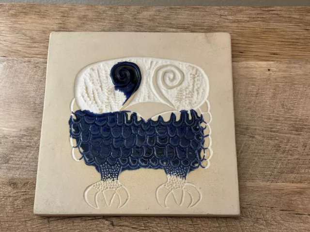 Bennington Pottery Vermont Owl Decorative Tile Trivet 8” Square Blue & White MCM