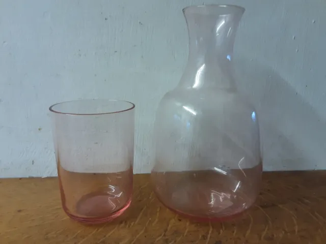 Vintage Bedside Water Carafe and Glass 1/2litre Delicate Pink Fluted Neck