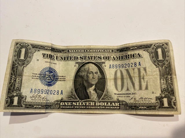 1928 US $1 One Silver Dollar-Silver Certificate, Funny  Back Note