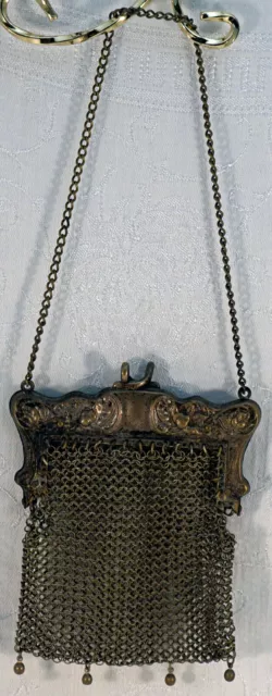 Antique German Silver Mesh Purse Handbag Orange Closure. Flapper Style