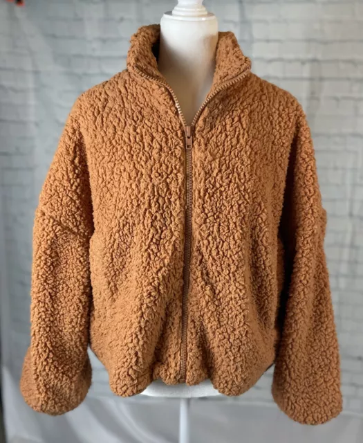 Urban Outfitters Willow Teddy Jacket Sweater Zip Orange Fuzzy Faux Sherpa Size M