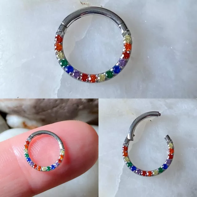 Multicoloured Gem Paved Front Facing Hinged Septum Clicker Daith Rook Ring 8mm