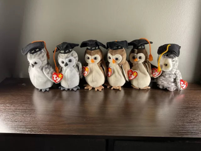 Ty Beanie Babies Wise 98’/Wiser 99’/Smart 01’ Owls Lot of 6