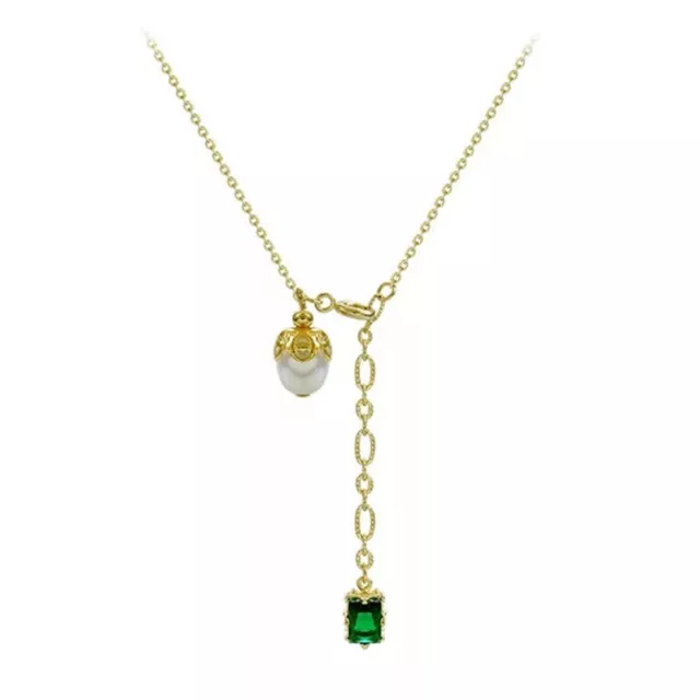 ZARD Green Emerald Cut CZ and White Pearl Charm Pendant Necklace in Gold Tone