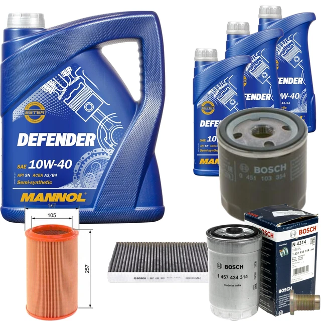 MANNOL Kit Manutenzione Auto - Filtro Olio, Aria E Abitacolo MANN-FILTER + Olio Motore Defender 10W-40 5L