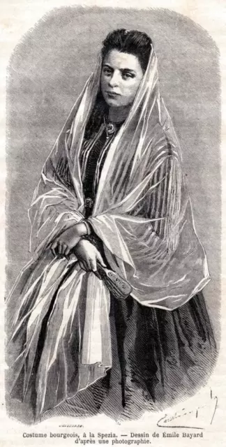 La Sezia: Costume di una donna borghese. Stampa Antica + Passepartout. 1869