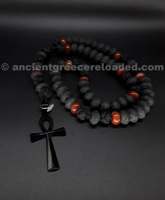 The Black & Red Ankh 5 Decade Paracord Rosary, Ankh Cross, Lava Stone, Carnelian