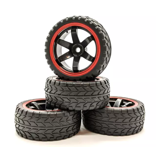 1/10 RC Car Wheels & Tyres Tires 26mm Rally / Road Racing Black & Red UK Seller