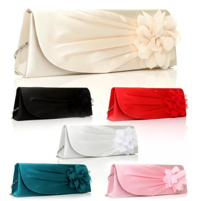 New Womens Ladies Satin Clutch Bag Bridal Evening Party Shoulder Flower Handbag