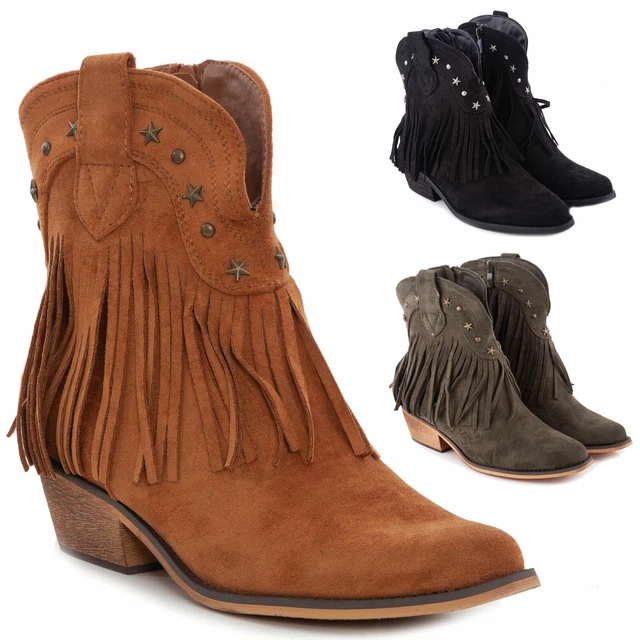 Bottes Femme Santiags Western Cow-Boy Franges Chaussures en Daim Casual Toocool
