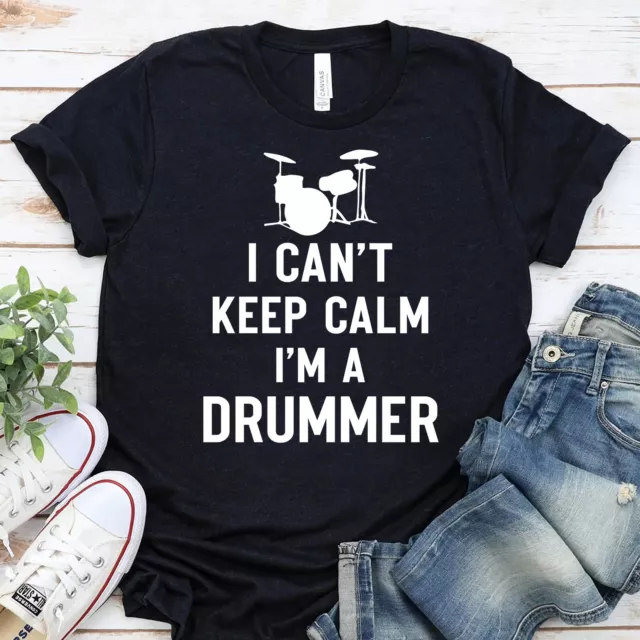 T-shirt batterista Keep Calm da uomo divertente batteria regalo band musicisti bambini maglietta top