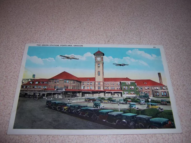 1920s AIRPLANES above UNION STATION PORTLAND OREGON ANTIQUE POSTCARD