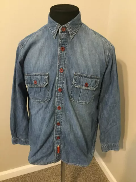 Guess USA Long Sleeve Button Up Collared Denim DISTRESSED Shirt Womens SZ S NWOT