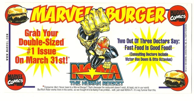 1999 NOVA Marvel Burger (Marvel Comics) PROMO ~ Parody food coupon M/NM