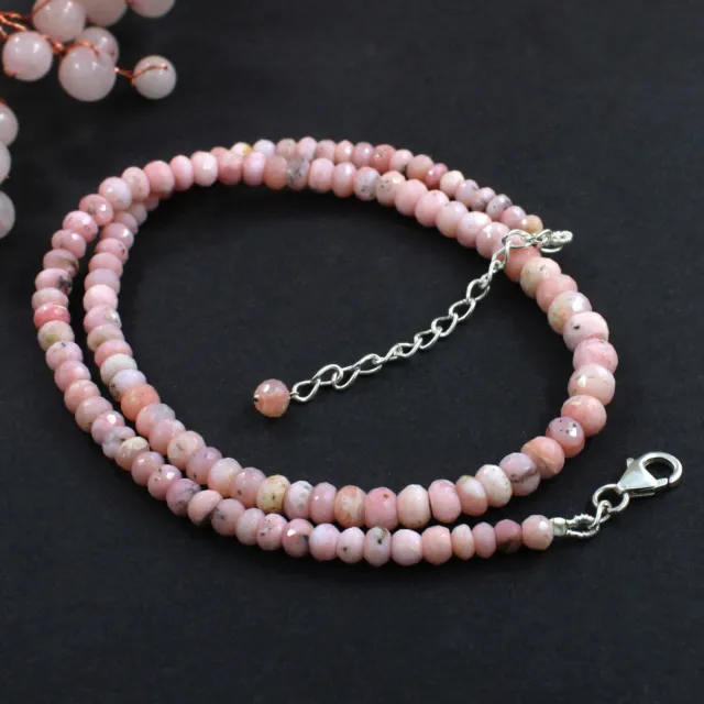 Natural Australian Pink Opal Beads Necklace 925 Sterling Silver Handmade Jewelry