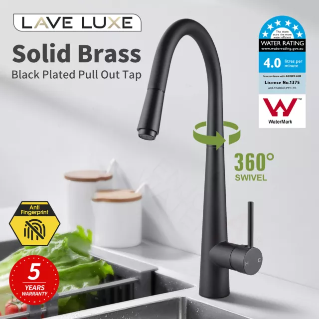 LaveLuxe Black Pull Out Kitchen Sink Mixer Tap Brass Swivel Spout Basin Faucet