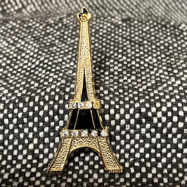 Black Enamel Rhinestone Brooch Pin Eiffel Tower Paris France SAP Polyne HB5