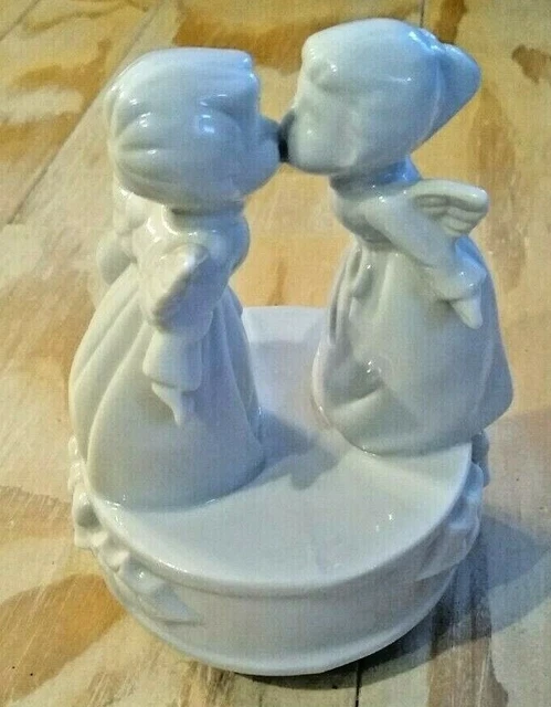 Vintage Kissing Angels Revolving Music Box plays Silent Night 6” White Porcelain