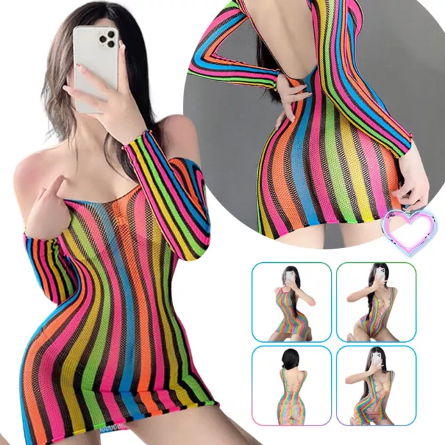 Womens Sleeveless Rainbow Hollow Out Fishnet Bodycon Dress/Bodysuit Nightwear