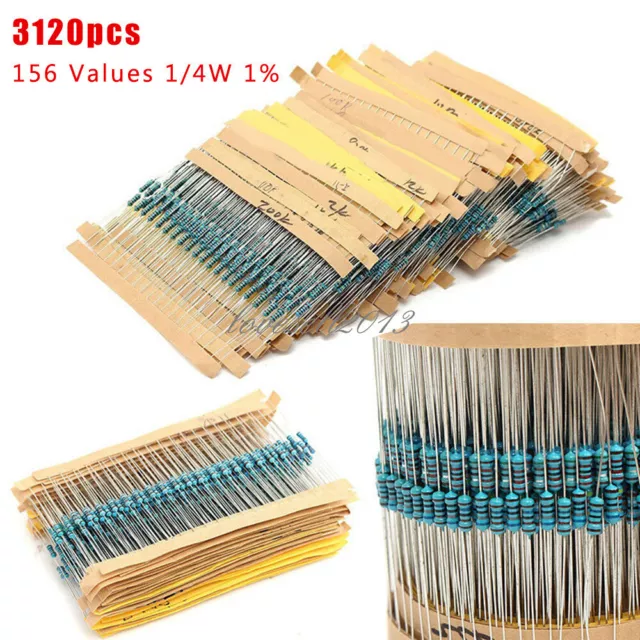 3120pcs 156 Values 1/4W 1% 1 ohm-10M ohm Metal Film Resistors Assortment Kit