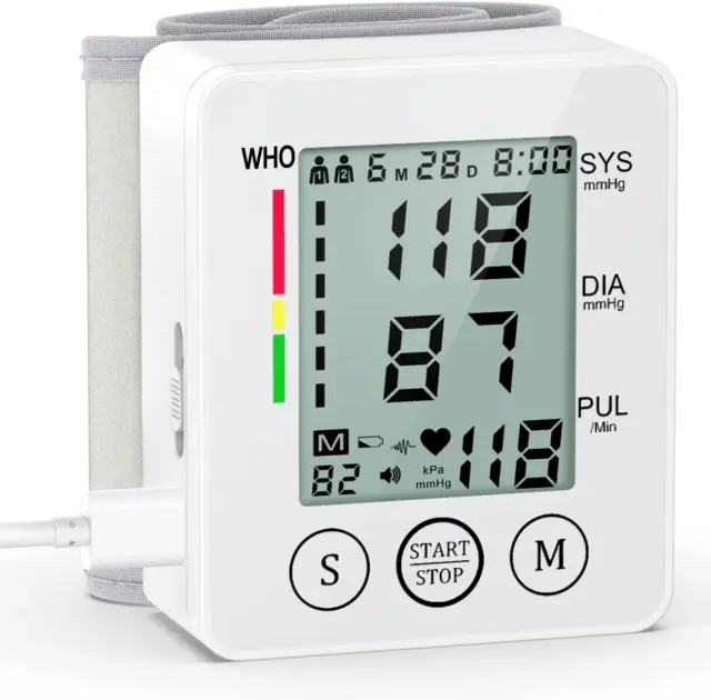 Monitor de presión arterial de muñeca recargable automático - Pantalla LCD - Memoria de lecturas