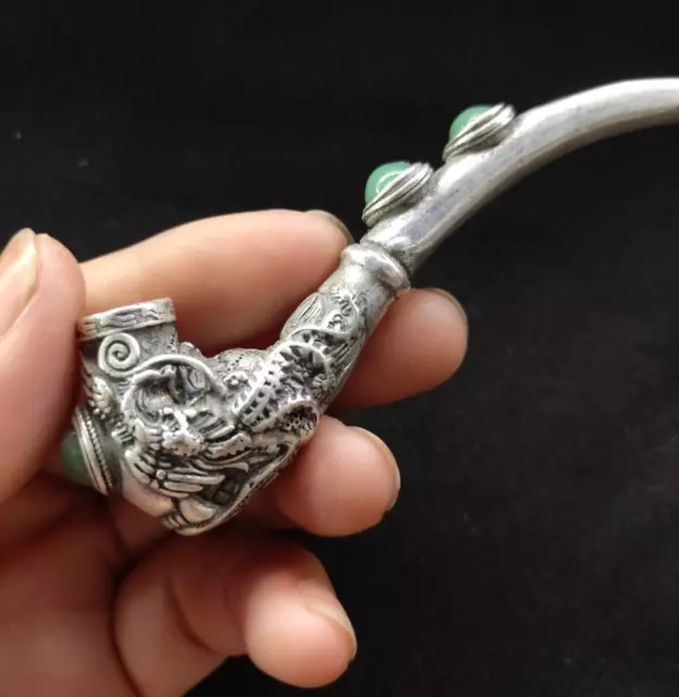 Collect Noble copper tibet silver carved dragon phoenix inlay jade smoking pipe