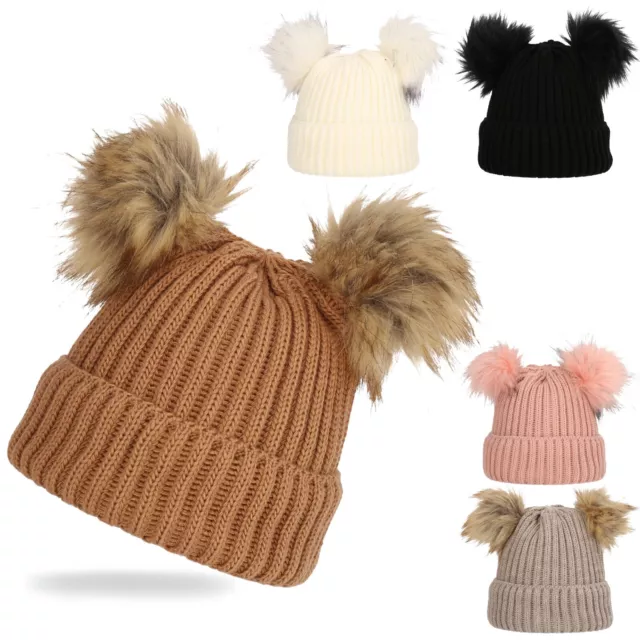 Damen Strick-Mütze Winter Warme Stylische Beanie Mütze mit Kunstfell-Bommel