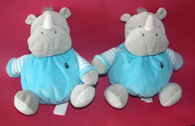 Obaibi Okaidi 2 Doudou Peluche Rhinoceros Boule Grelot Gris Bleu Etat Neuf