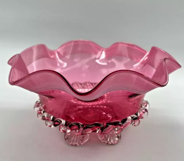 Antique Stevens And Williams Cranberry Glass Bowl - Threaded Frilly Rim - C.1890