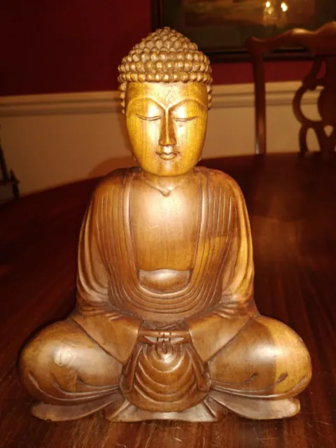 Hand Carved Meditating Wood Buddha Statue Dhyana Mudra 7.5" Tall Indonesia