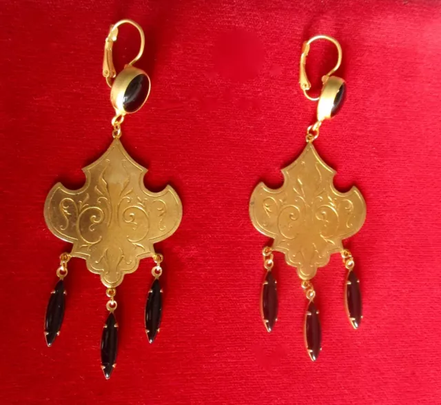 Pair of Vintage Victorian Style French Jet & Brass 3 1/4 Inch Earrings