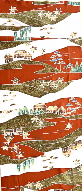 Vintage Japanese Kimono Silk Fabric, White, Red Village Panel  98cm