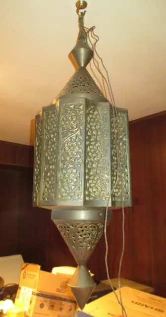 Vintage Moroccan Pierced Brass Pendant Light, Hanging Lantern by Sarna