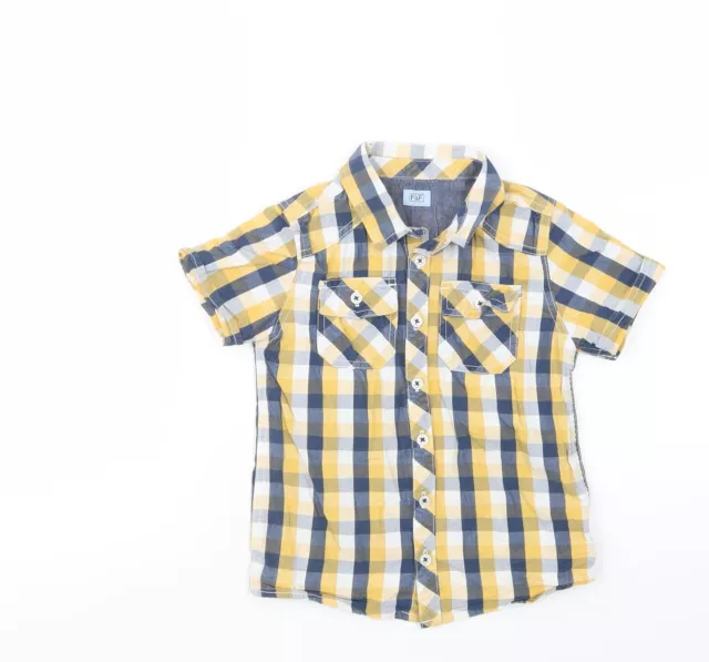 F&F Boys Yellow Plaid Cotton Basic Button-Up Size 5-6 Years Collared Snap