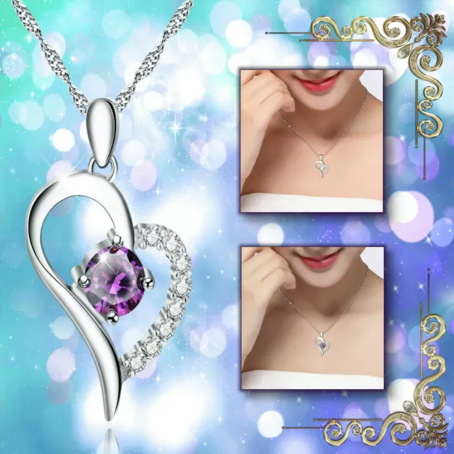 925 Sterling Silver Sparkling Love Heart Pendant White Purple Crystal Necklace