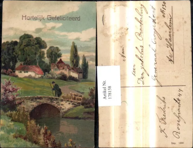 178158,Präge Künstler Ak Hirte Schäfer Schafherde Schafe Brücke Landschaft Harte