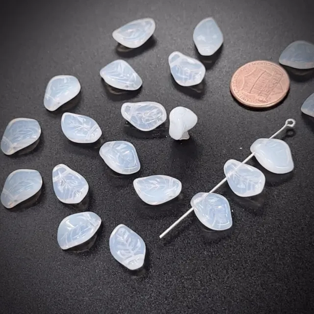 Czech Druk Glass Beads, Small Wavy Leaf Top Hole, 15x10mm, White Opal milky 20pc