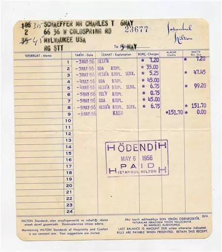 Istanbul Hilton Room Receipt 1956 Istanbul Turkey Translation Guide Hilton List