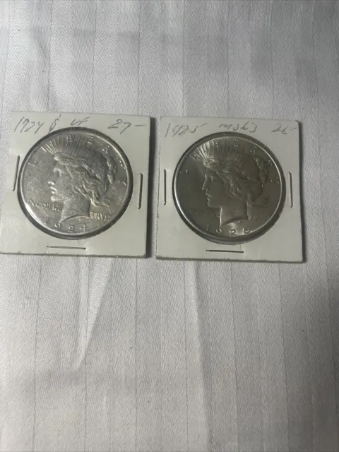 1924, 1925 Peace Silver Dollar Coins, Lot of 2 Silver Peace $1 Coins