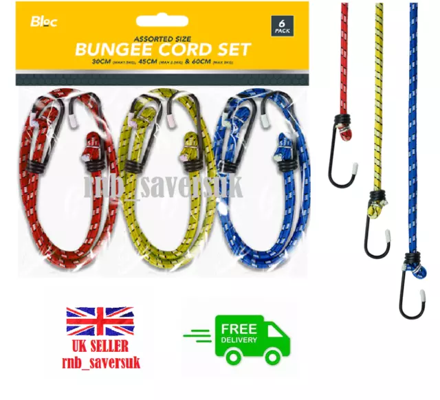 6x NEW BUNGEE STRAPS CORDS SET WITH HOOKS ELASTICATED ROPE CORD CAR BIKE LUGGAGE