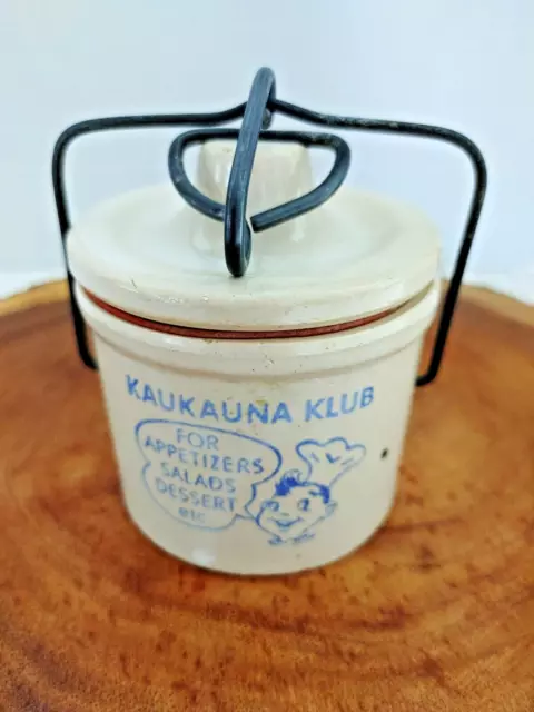 Vintage Kaukauna Klub Mini Stoneware Cheese Butter Crock, Complete, Nice!