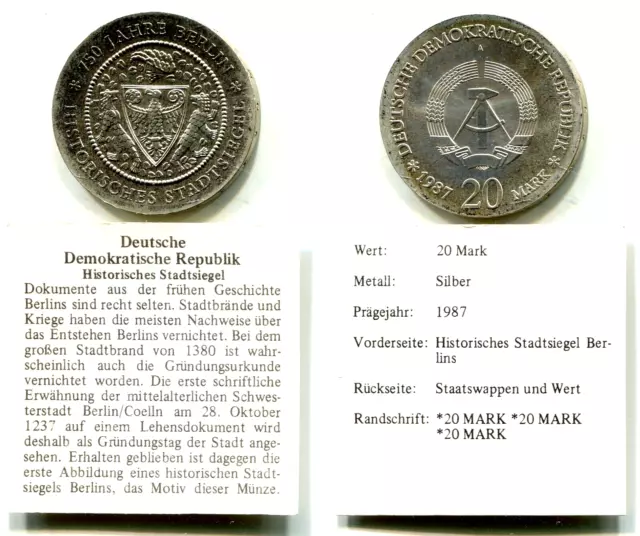 20 Mark DDR 1987 A  "Historisches Stadtsiegel Berlin"