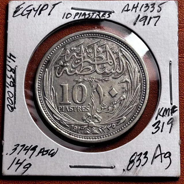 Egypt, 10 Piastres 1917 Silver Very High Grade