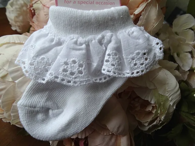 Baby Girl White Frilly Broderie Anglaise Christening Party Socks NB-0-3-6-12mnth