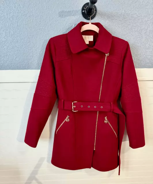 Michael Kors Women’s Long Sleeve Asymmetric Full Zip Belted Peacoat Red